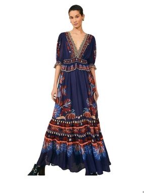 Farm Rio Nature Beauty Chiffon Blue Maxi Dress Floral Print V Neck